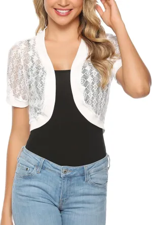 Totatuit Womens Short Bolero Shrugs for Dresses Open Front Short Sleeve Floral Lace Summer Sheer Cropped Cardigans
