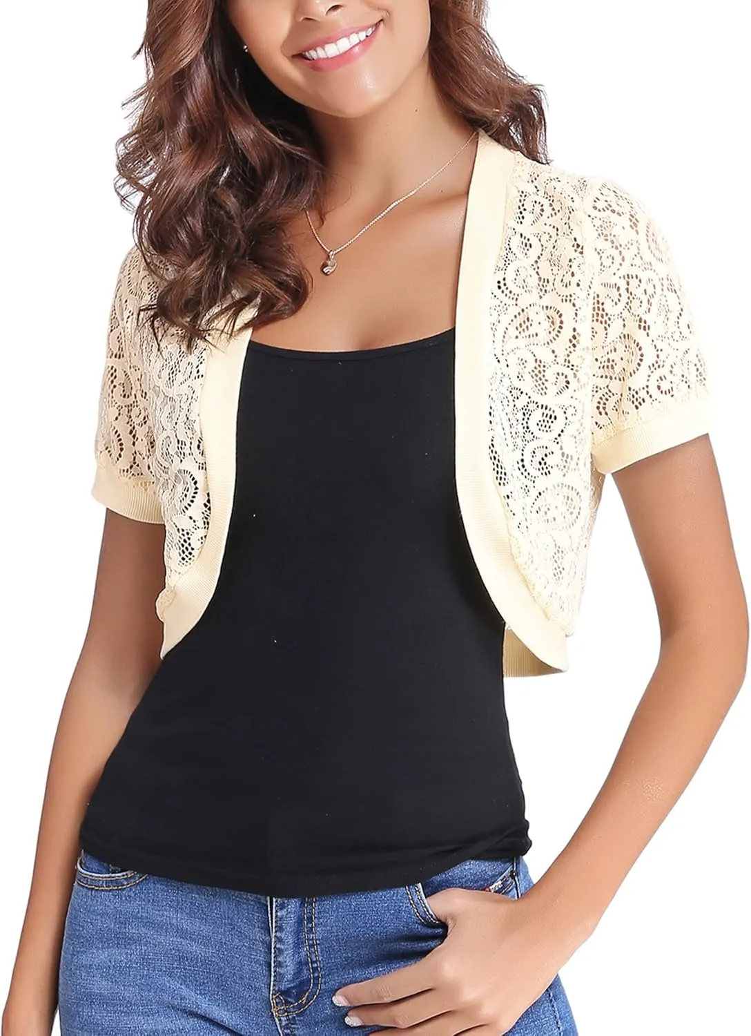 Totatuit Womens Short Bolero Shrugs for Dresses Open Front Short Sleeve Floral Lace Summer Sheer Cropped Cardigans