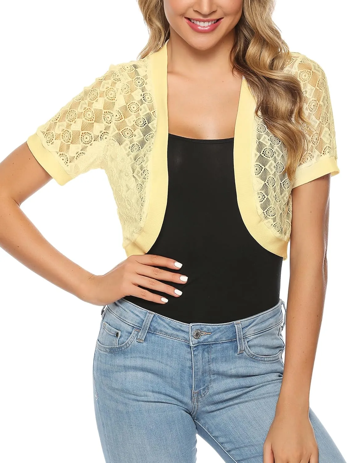 Totatuit Womens Short Bolero Shrugs for Dresses Open Front Short Sleeve Floral Lace Summer Sheer Cropped Cardigans