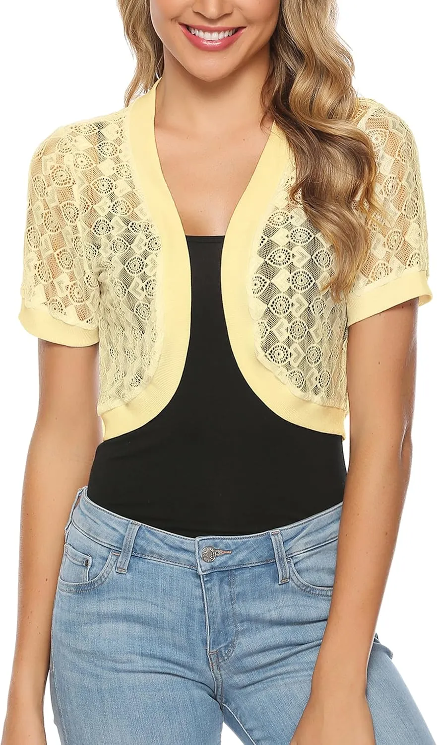 Totatuit Womens Short Bolero Shrugs for Dresses Open Front Short Sleeve Floral Lace Summer Sheer Cropped Cardigans