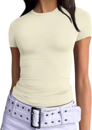 Trendy Queen Womens Basic T Shirts Summer Tops 2025 Short Sleeve Crop Tops Slim Fit Gym Workout Y2k Clothes