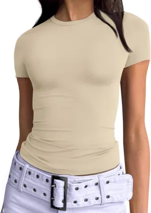 Trendy Queen Womens Basic T Shirts Summer Tops 2025 Short Sleeve Crop Tops Slim Fit Gym Workout Y2k Clothes