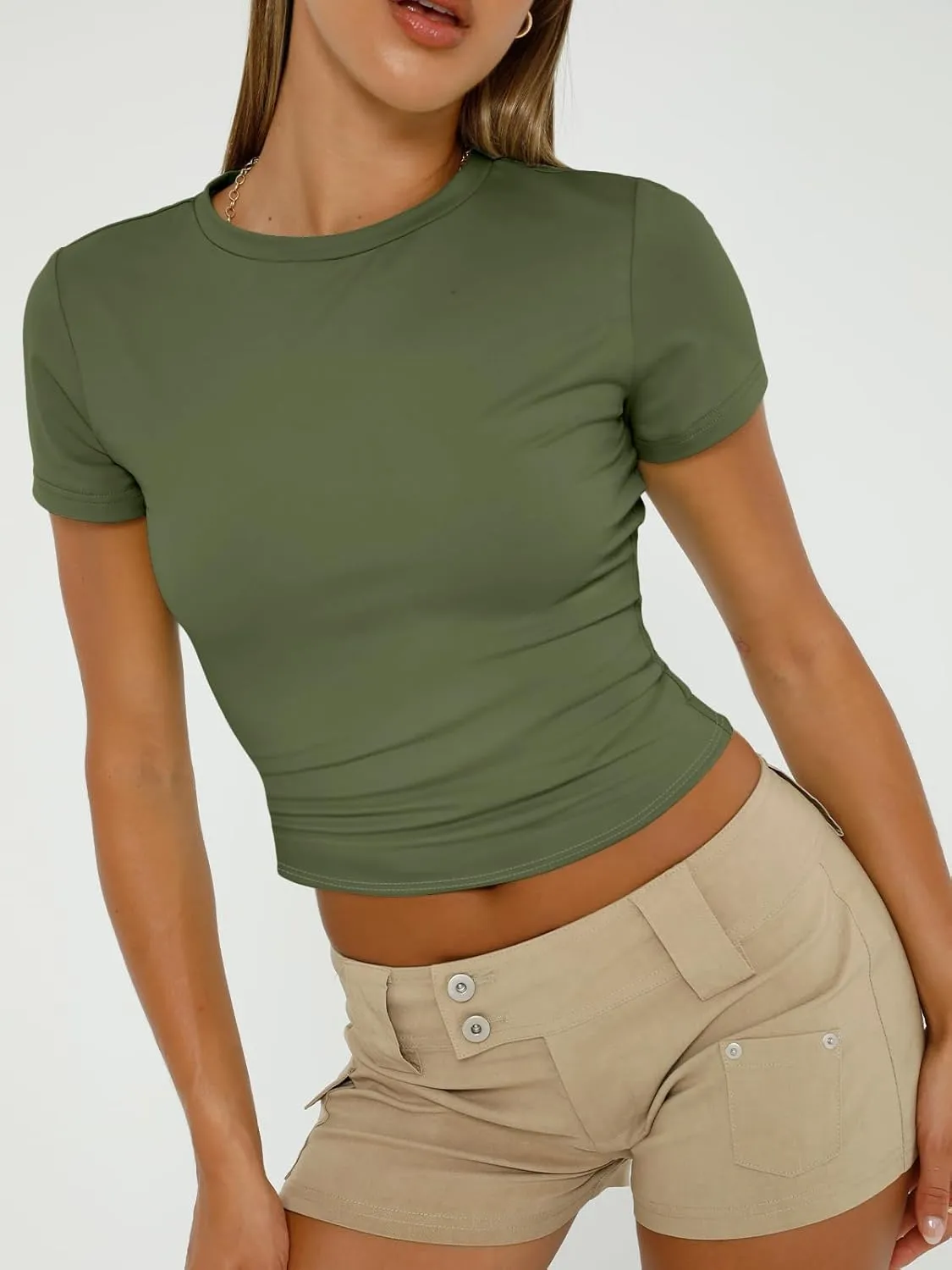 Trendy Queen Womens Basic T Shirts Summer Tops 2025 Short Sleeve Crop Tops Slim Fit Gym Workout Y2k Clothes
