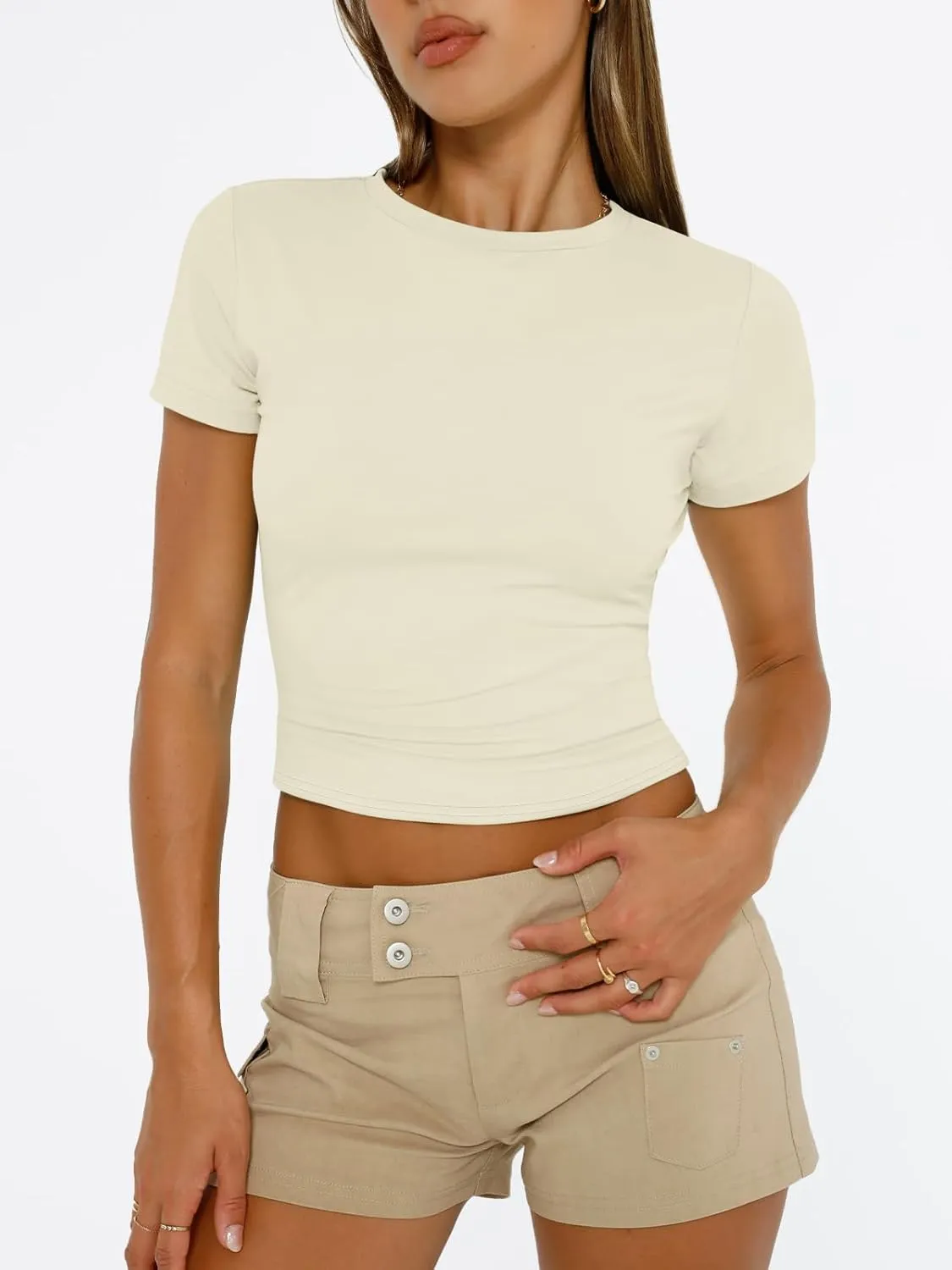 Trendy Queen Womens Basic T Shirts Summer Tops 2025 Short Sleeve Crop Tops Slim Fit Gym Workout Y2k Clothes