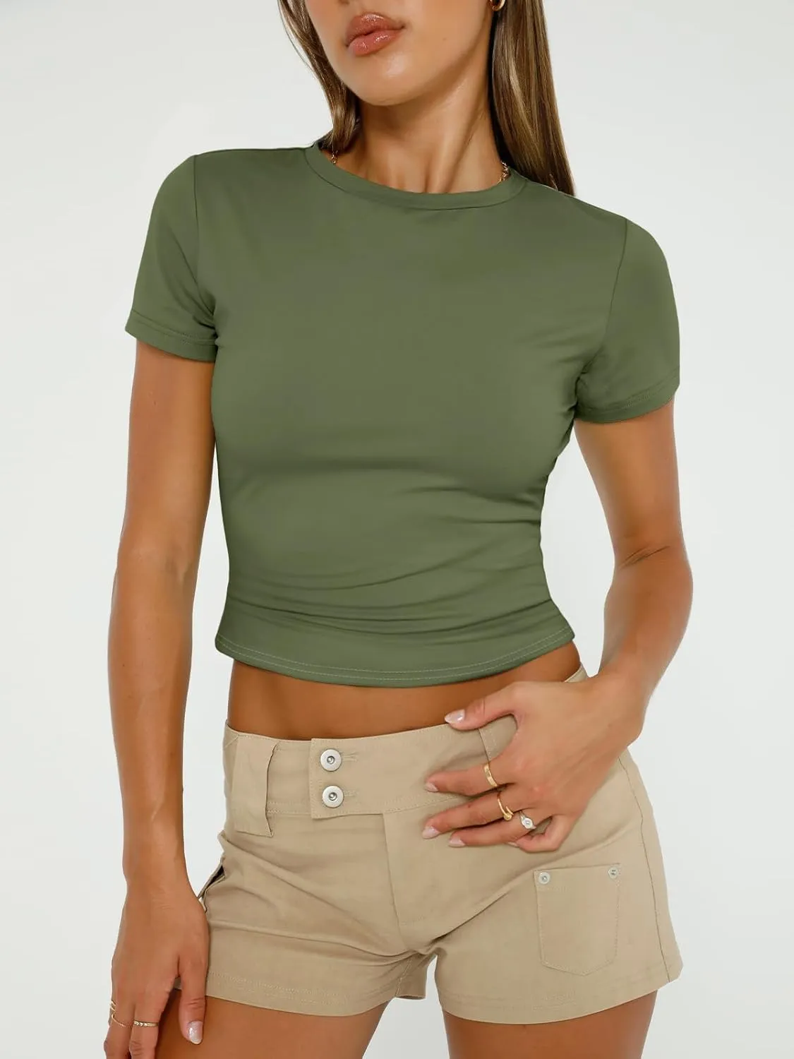 Trendy Queen Womens Basic T Shirts Summer Tops 2025 Short Sleeve Crop Tops Slim Fit Gym Workout Y2k Clothes