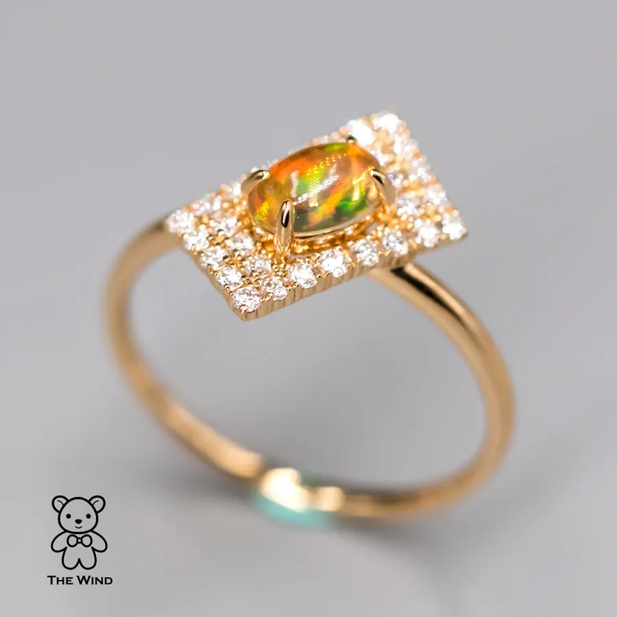 Unique Stylish Mexican Fire Opal Diamond Engagement Ring 18K Yellow Gold