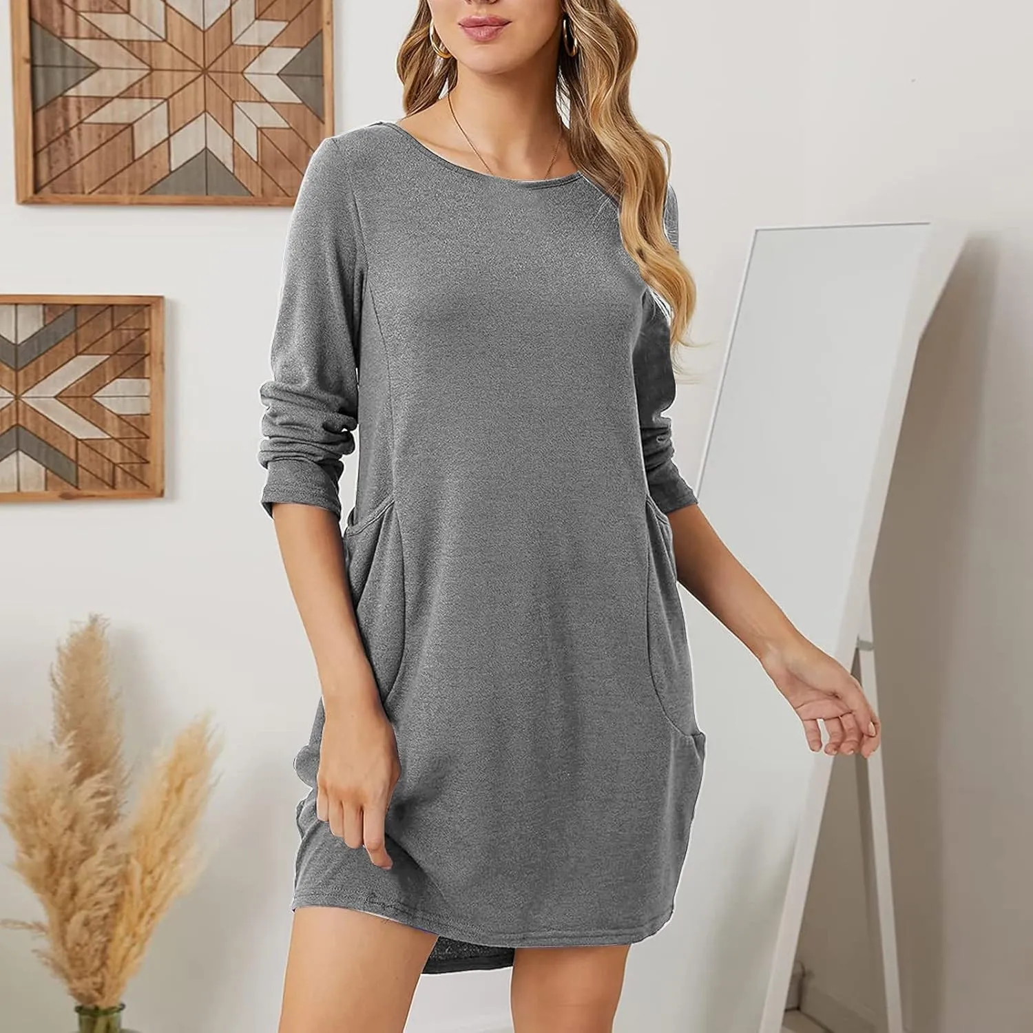 UQRZAU Women's Casual Dresses Dresses Casual Puff Long Sleeve T Shirt Dress with Pockets Mini Dress Casual Dresses