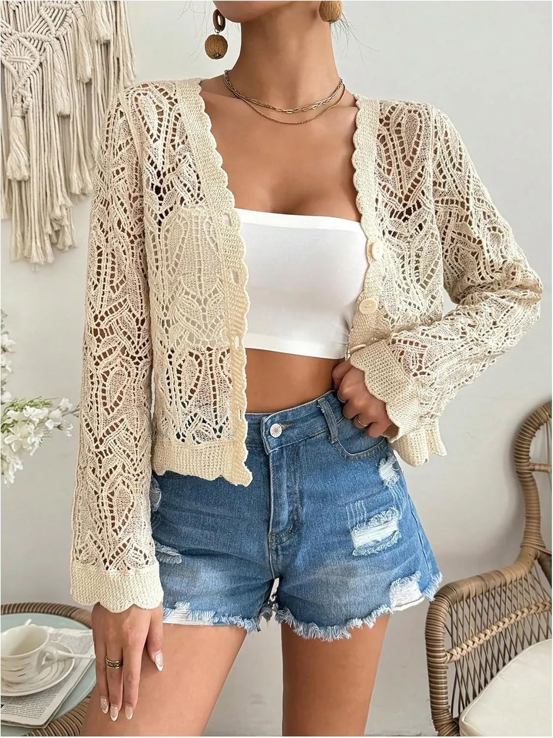 Verdusa Women's Hollow Out Crochet Scallop Trim Long Sleeve Button Down Sweater Cardigans