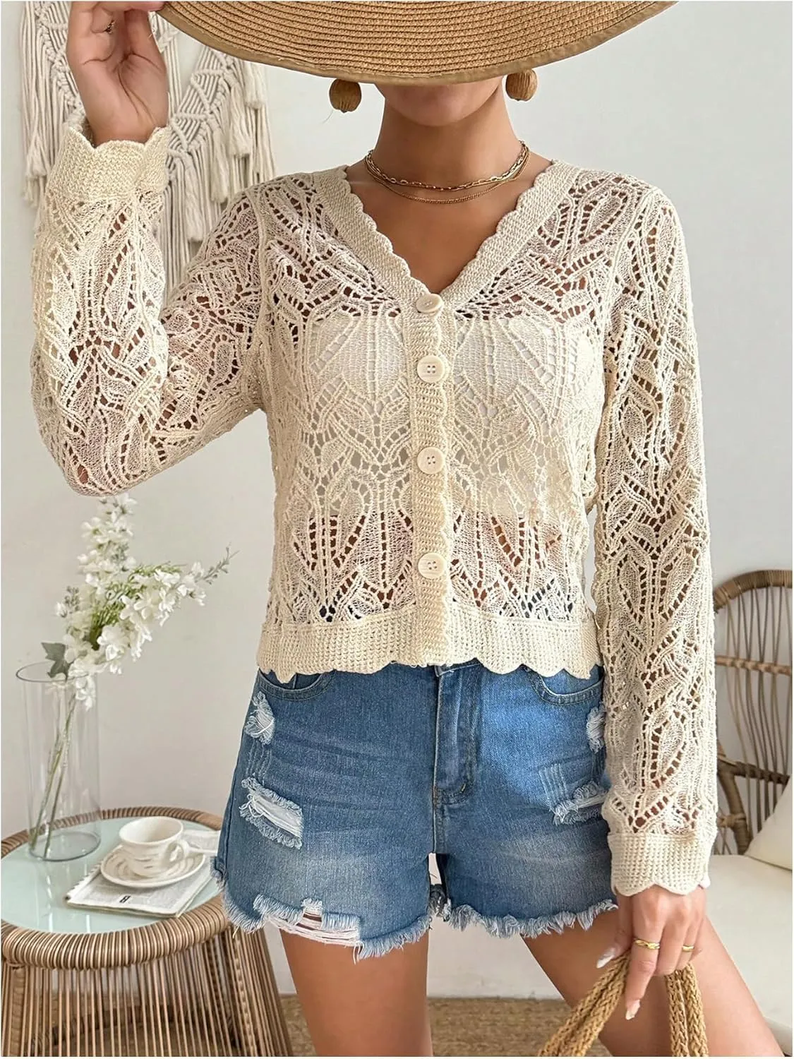Verdusa Women's Hollow Out Crochet Scallop Trim Long Sleeve Button Down Sweater Cardigans