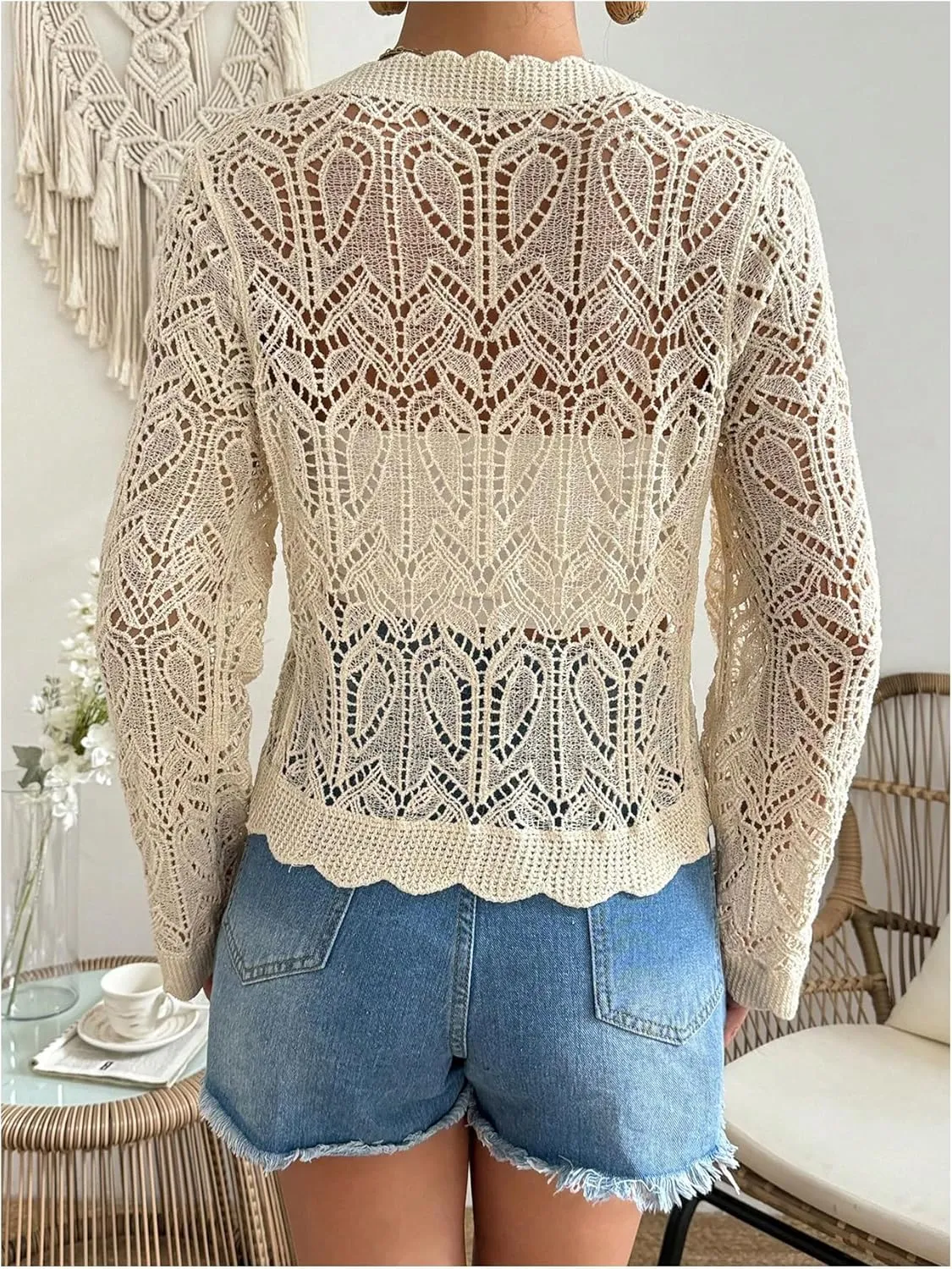 Verdusa Women's Hollow Out Crochet Scallop Trim Long Sleeve Button Down Sweater Cardigans