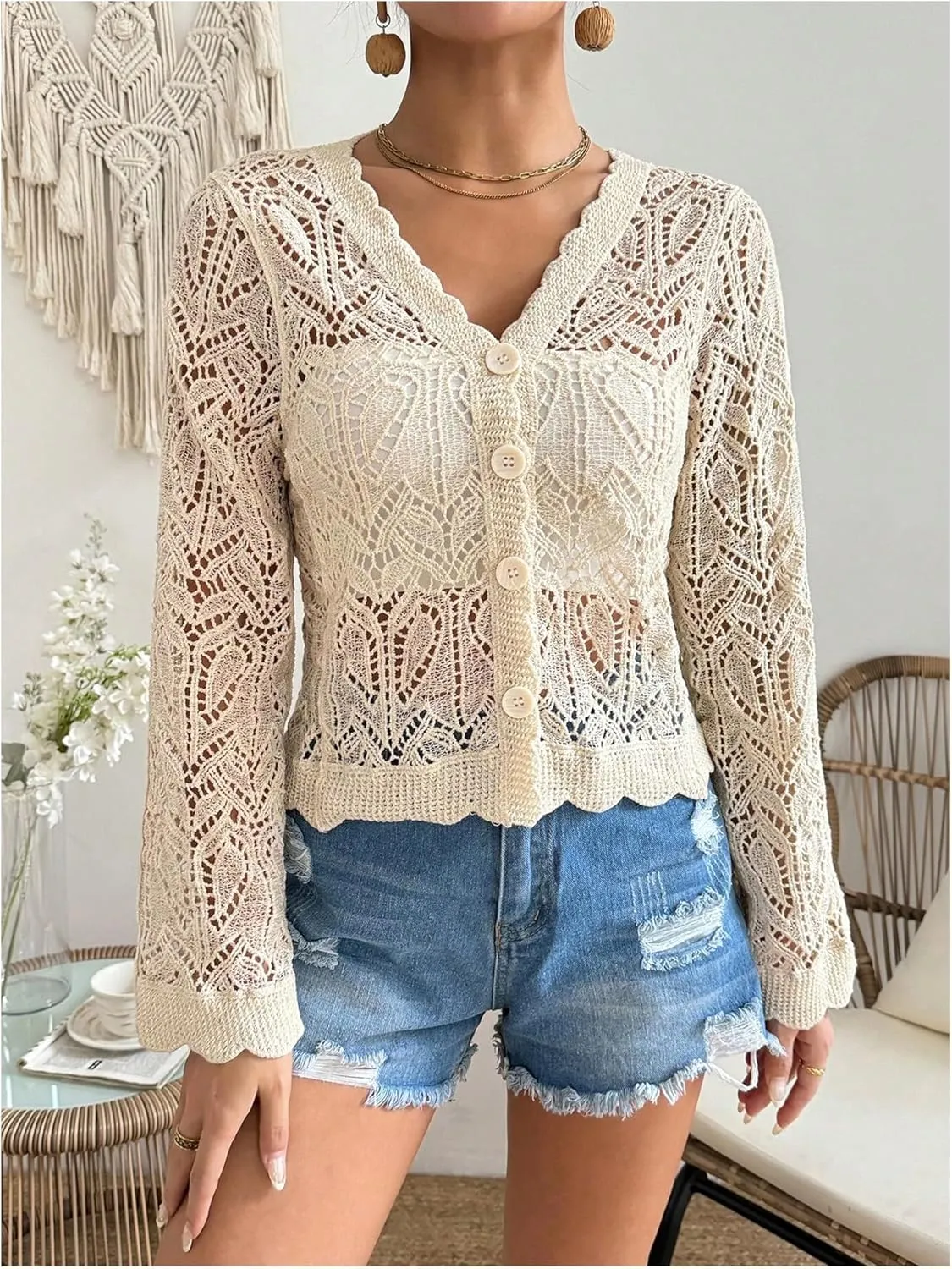 Verdusa Women's Hollow Out Crochet Scallop Trim Long Sleeve Button Down Sweater Cardigans