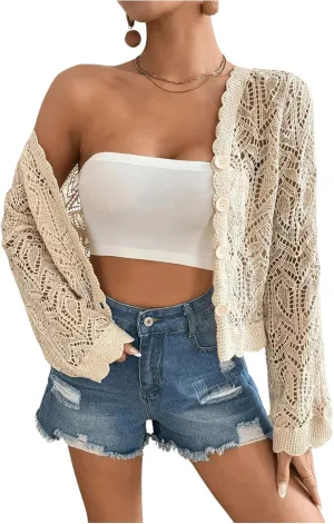 Verdusa Women's Hollow Out Crochet Scallop Trim Long Sleeve Button Down Sweater Cardigans