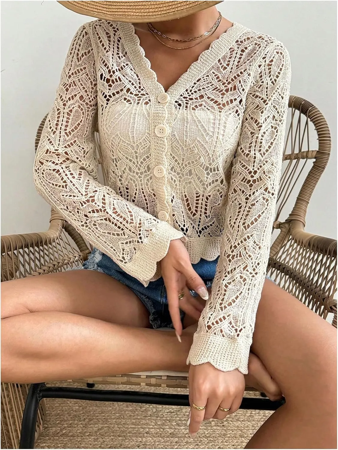 Verdusa Women's Hollow Out Crochet Scallop Trim Long Sleeve Button Down Sweater Cardigans