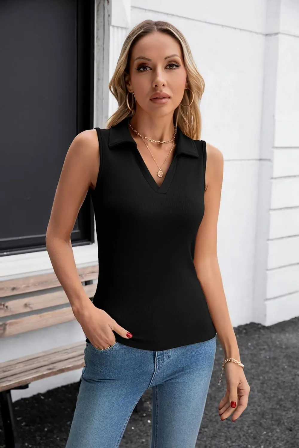 VICHYIE Womens Sleeveless Tank Tops Lapel Collared V Neck Slim Fitted Ribbed Knit Tight Polo Tops