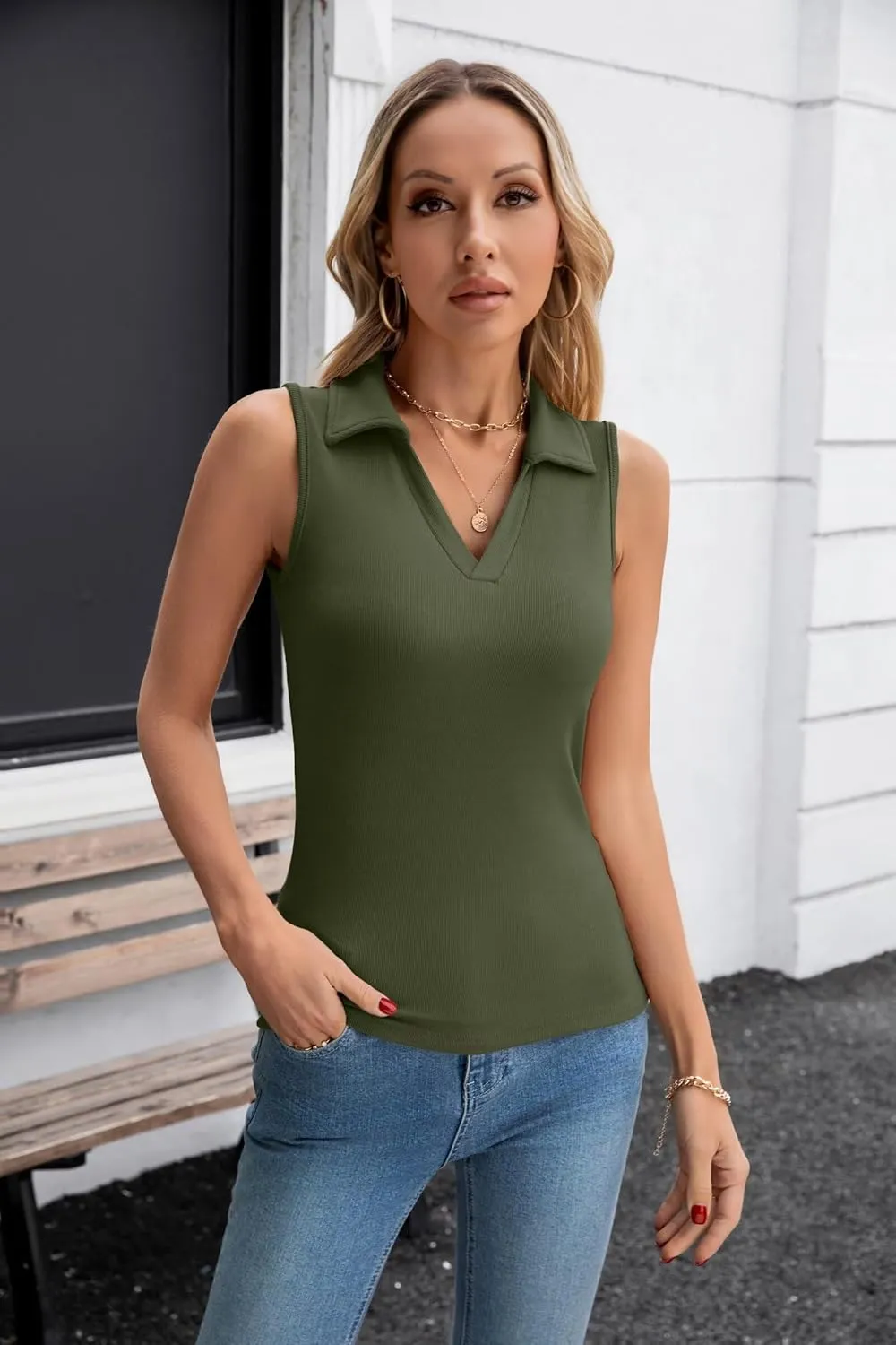 VICHYIE Womens Sleeveless Tank Tops Lapel Collared V Neck Slim Fitted Ribbed Knit Tight Polo Tops