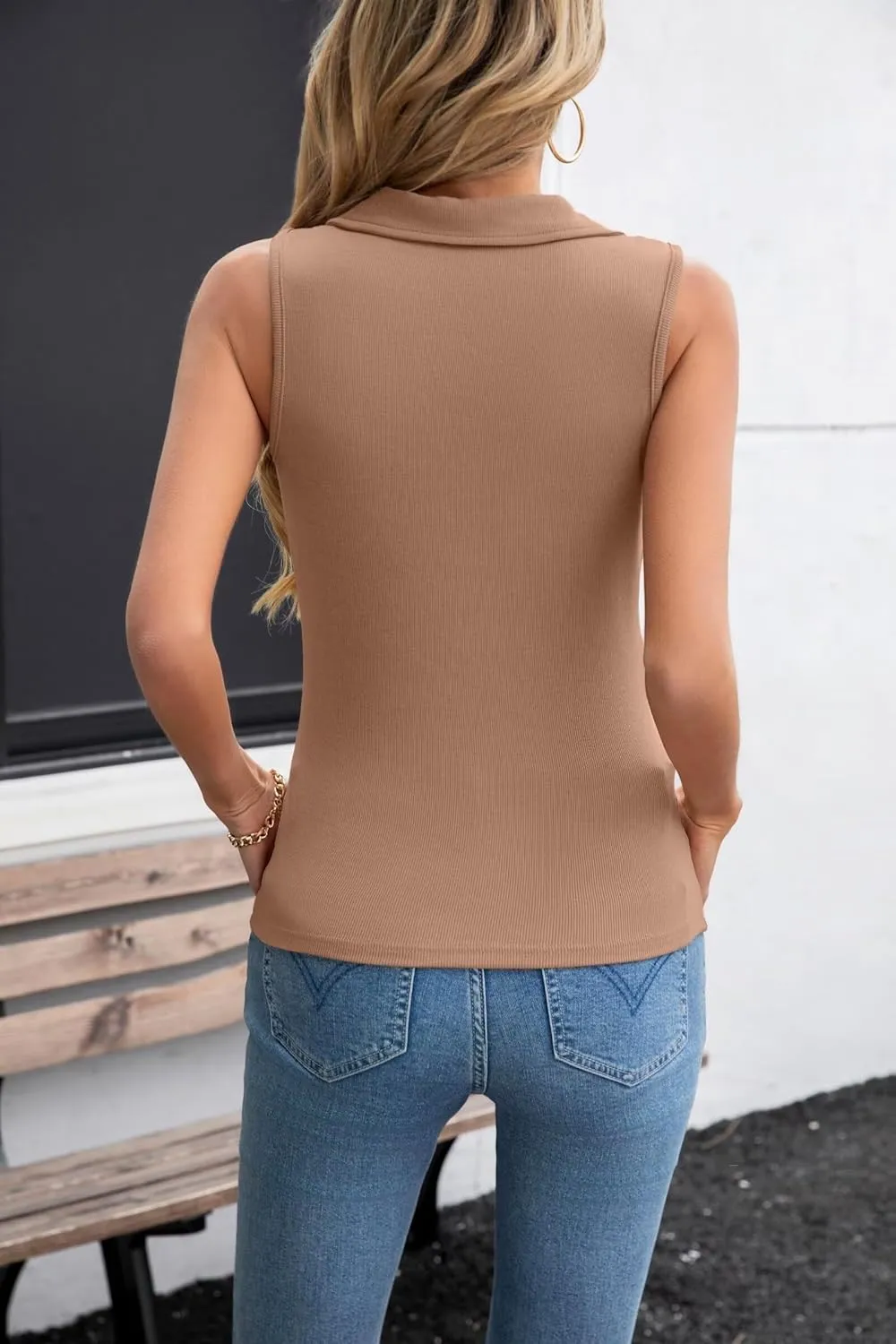 VICHYIE Womens Sleeveless Tank Tops Lapel Collared V Neck Slim Fitted Ribbed Knit Tight Polo Tops