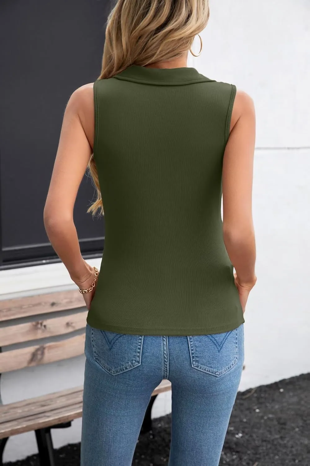 VICHYIE Womens Sleeveless Tank Tops Lapel Collared V Neck Slim Fitted Ribbed Knit Tight Polo Tops