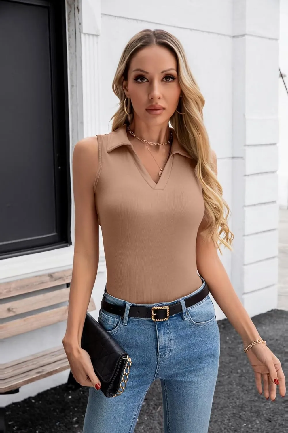 VICHYIE Womens Sleeveless Tank Tops Lapel Collared V Neck Slim Fitted Ribbed Knit Tight Polo Tops