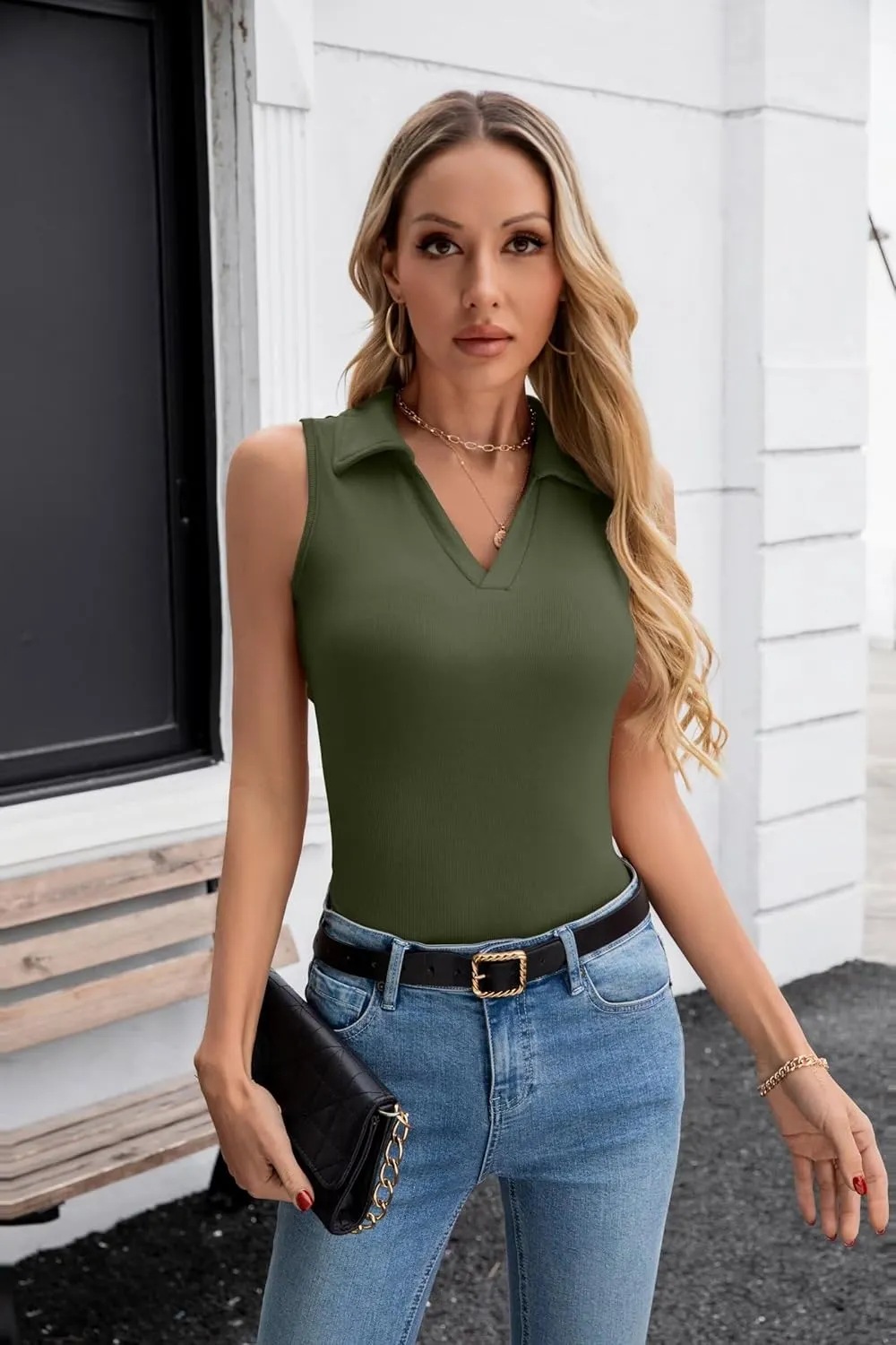 VICHYIE Womens Sleeveless Tank Tops Lapel Collared V Neck Slim Fitted Ribbed Knit Tight Polo Tops