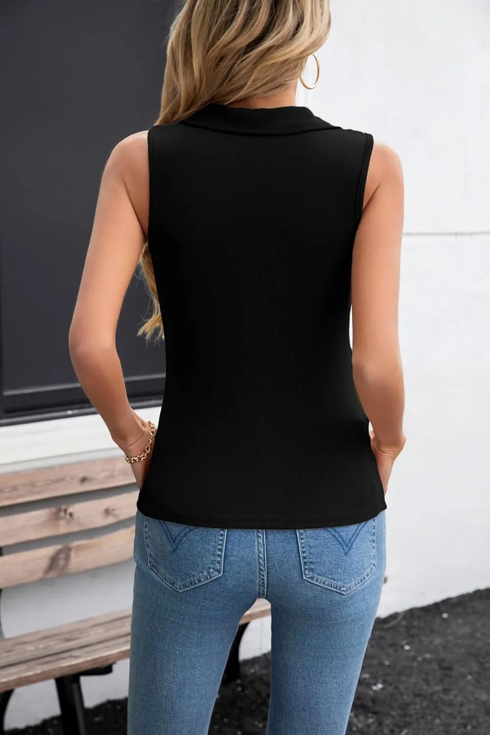 VICHYIE Womens Sleeveless Tank Tops Lapel Collared V Neck Slim Fitted Ribbed Knit Tight Polo Tops