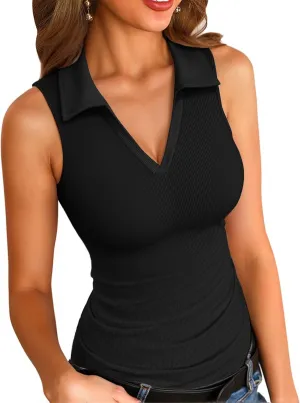 VICHYIE Womens Sleeveless Tank Tops Lapel Collared V Neck Slim Fitted Ribbed Knit Tight Polo Tops