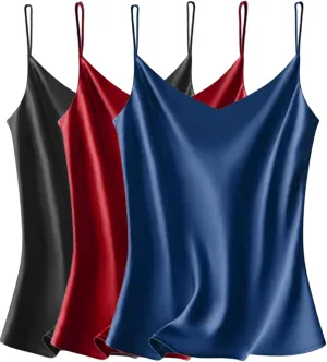 VIDUSSA Sexy Tank Tops Womens Satin Cami Top Pack V Neck Camisole Spaghetti Strap Tank Loose Sleeveless Blouses