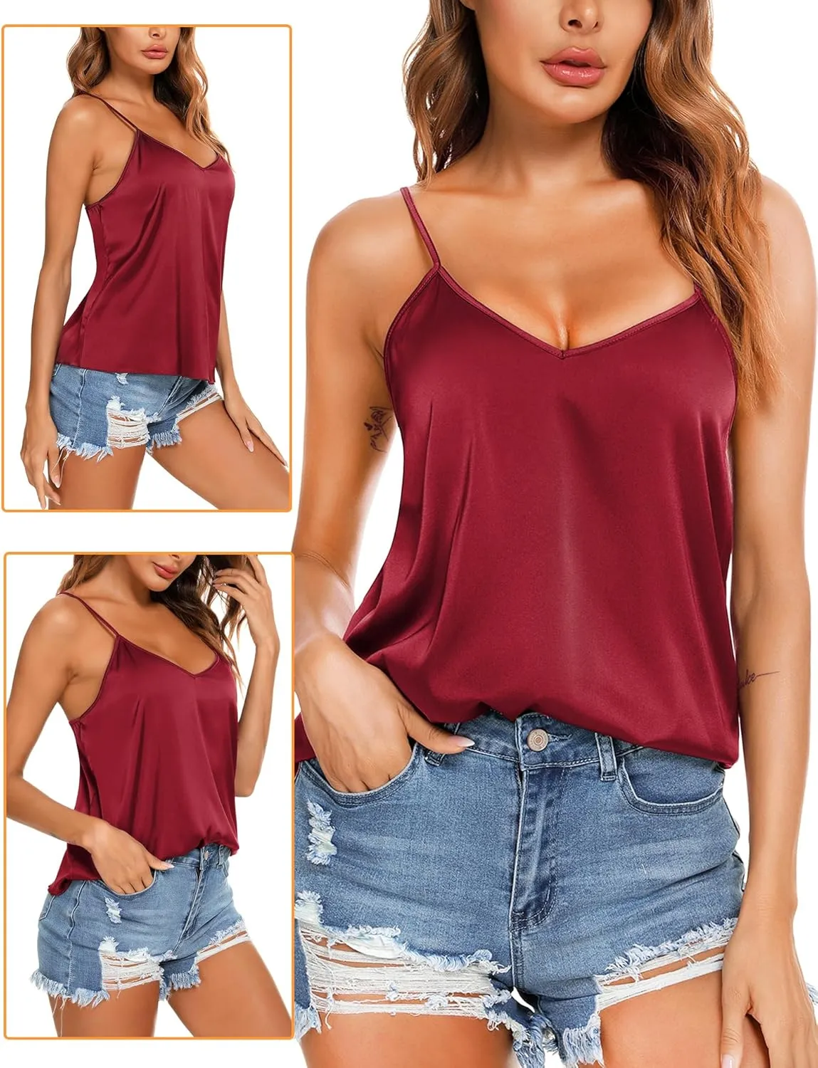 VIDUSSA Sexy Tank Tops Womens Satin Cami Top Pack V Neck Camisole Spaghetti Strap Tank Loose Sleeveless Blouses