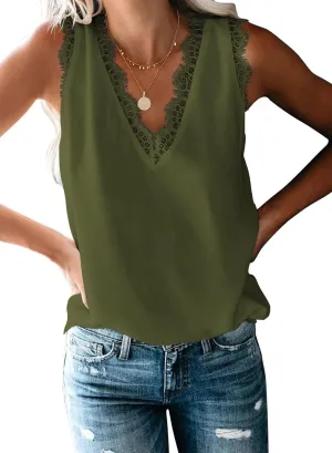 VIISHOW Women Ladies Sexy V Neck Lace Trim Tank Tops Dressy Camisole Casual Loose Sleeveless Chiffon Blouse Shirts