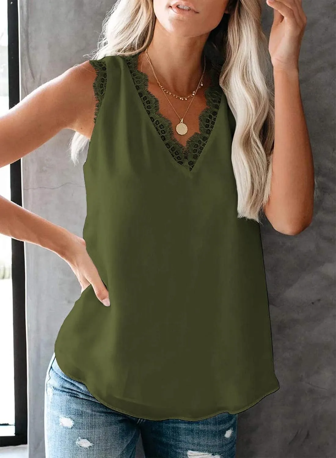 VIISHOW Women Ladies Sexy V Neck Lace Trim Tank Tops Dressy Camisole Casual Loose Sleeveless Chiffon Blouse Shirts