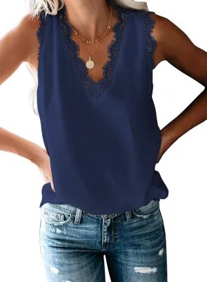 VIISHOW Women Ladies Sexy V Neck Lace Trim Tank Tops Dressy Camisole Casual Loose Sleeveless Chiffon Blouse Shirts