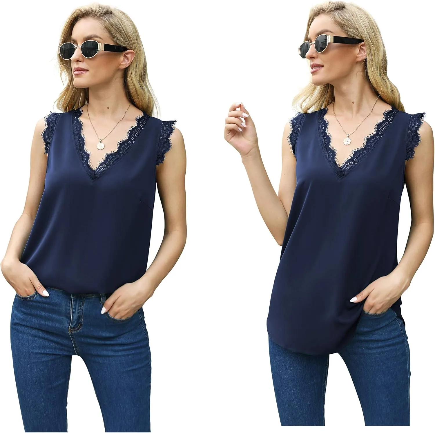 VIISHOW Women Ladies Sexy V Neck Lace Trim Tank Tops Dressy Camisole Casual Loose Sleeveless Chiffon Blouse Shirts
