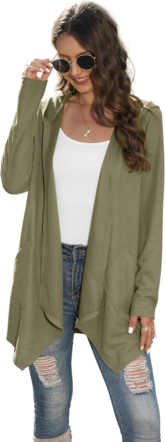 VIISHOW Womens Lightweight Casual Hoodie Cardigans Open Front Waffle Knit Long Sleeve Outwear Coat with Pockets