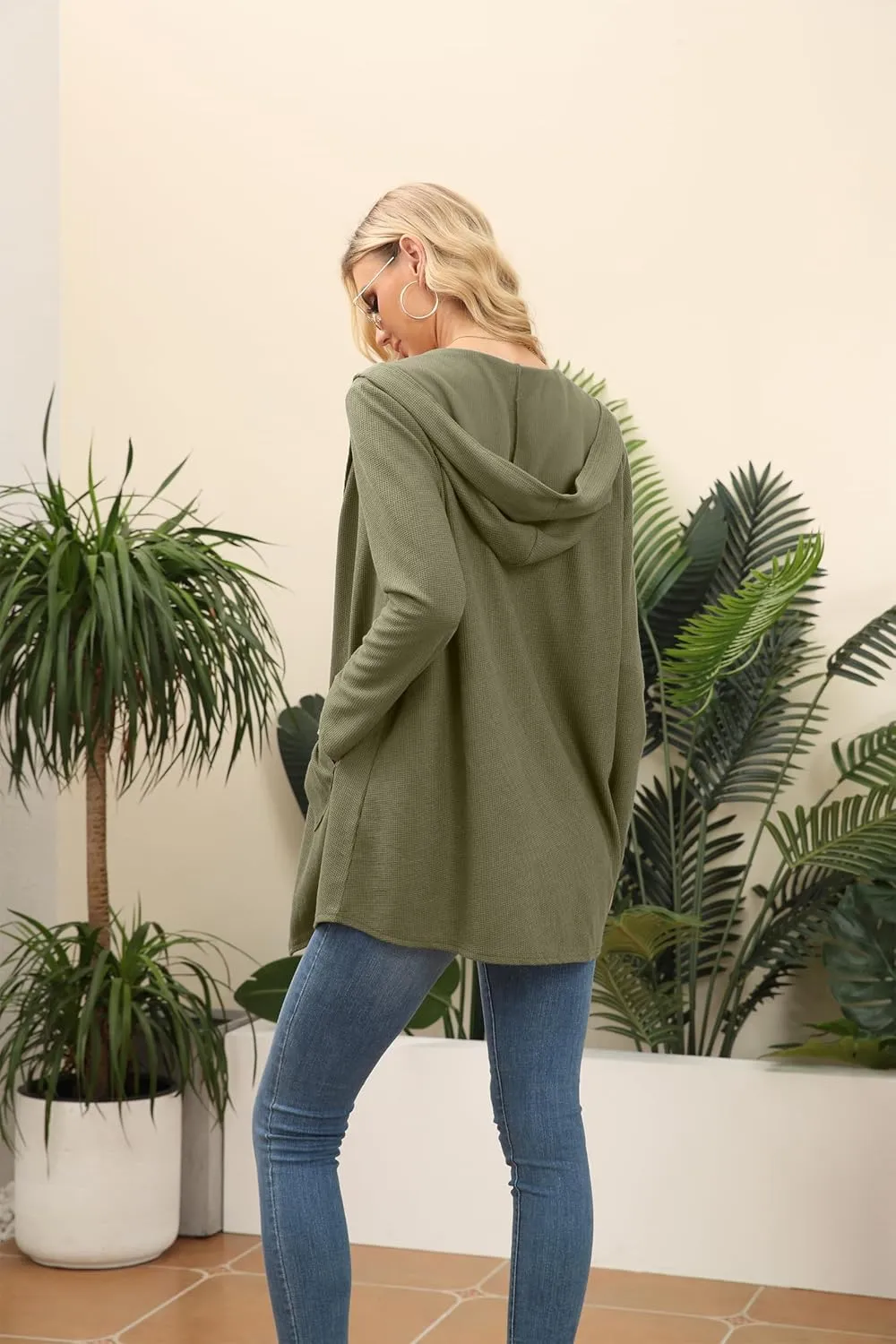 VIISHOW Womens Lightweight Casual Hoodie Cardigans Open Front Waffle Knit Long Sleeve Outwear Coat with Pockets