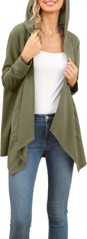 VIISHOW Womens Lightweight Casual Hoodie Cardigans Open Front Waffle Knit Long Sleeve Outwear Coat with Pockets