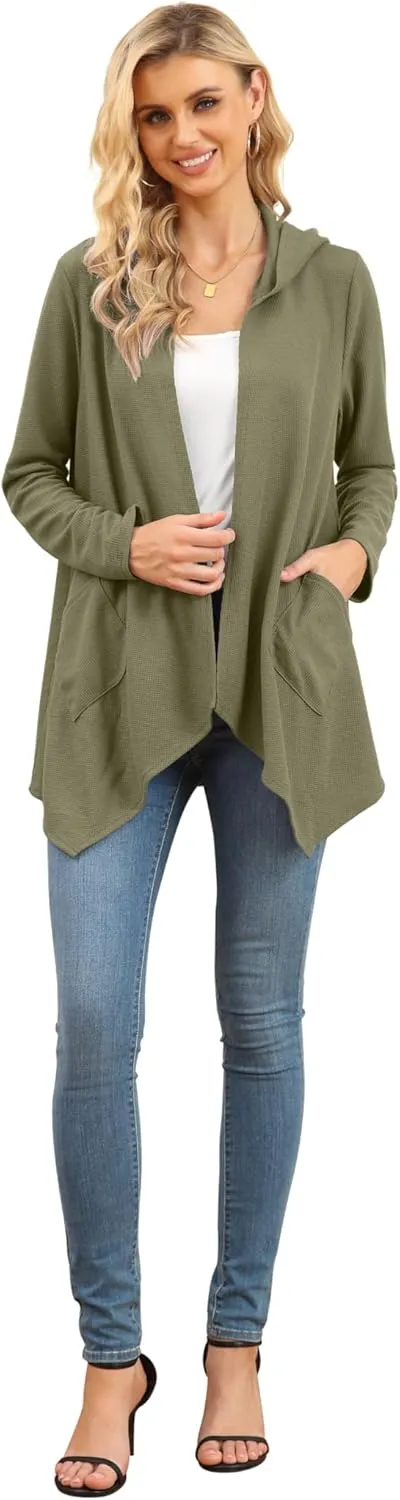 VIISHOW Womens Lightweight Casual Hoodie Cardigans Open Front Waffle Knit Long Sleeve Outwear Coat with Pockets