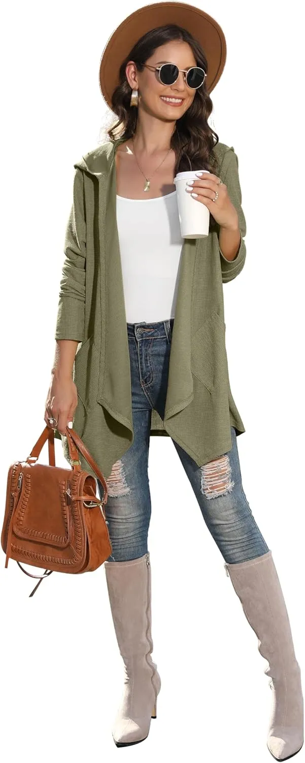 VIISHOW Womens Lightweight Casual Hoodie Cardigans Open Front Waffle Knit Long Sleeve Outwear Coat with Pockets
