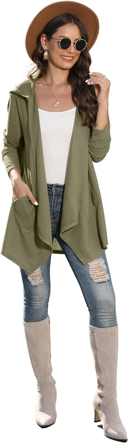 VIISHOW Womens Lightweight Casual Hoodie Cardigans Open Front Waffle Knit Long Sleeve Outwear Coat with Pockets