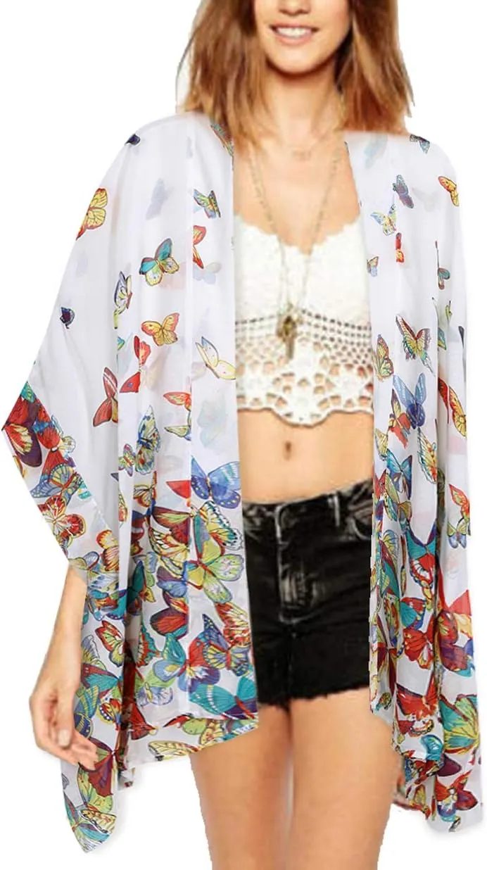WEIYAN Women's Tops Loose Chiffon Kimono Cardigan Beach Swim Cover up Blouse