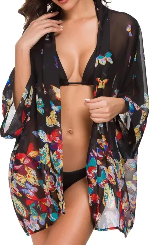 WEIYAN Women's Tops Loose Chiffon Kimono Cardigan Beach Swim Cover up Blouse