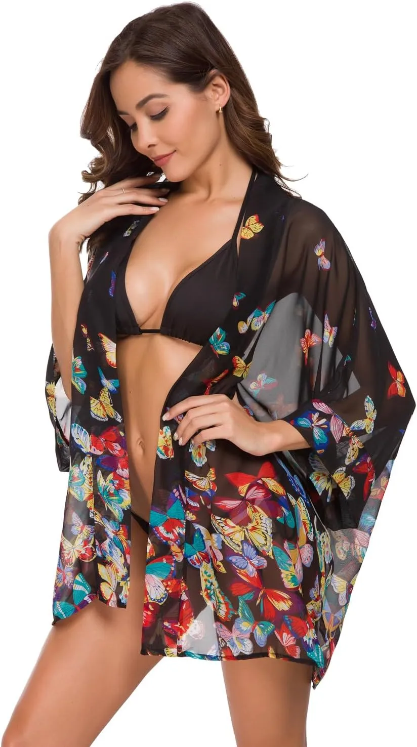 WEIYAN Women's Tops Loose Chiffon Kimono Cardigan Beach Swim Cover up Blouse