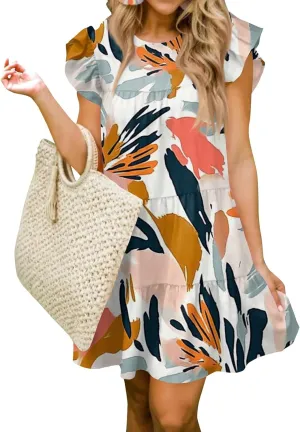 Women Babydoll Summer Casual Crew Neck Ruffle Sleeve Sleeveless Flowy Mini Short Tunic Dress Floral Print Pleated Dress1-Light Blue,Large