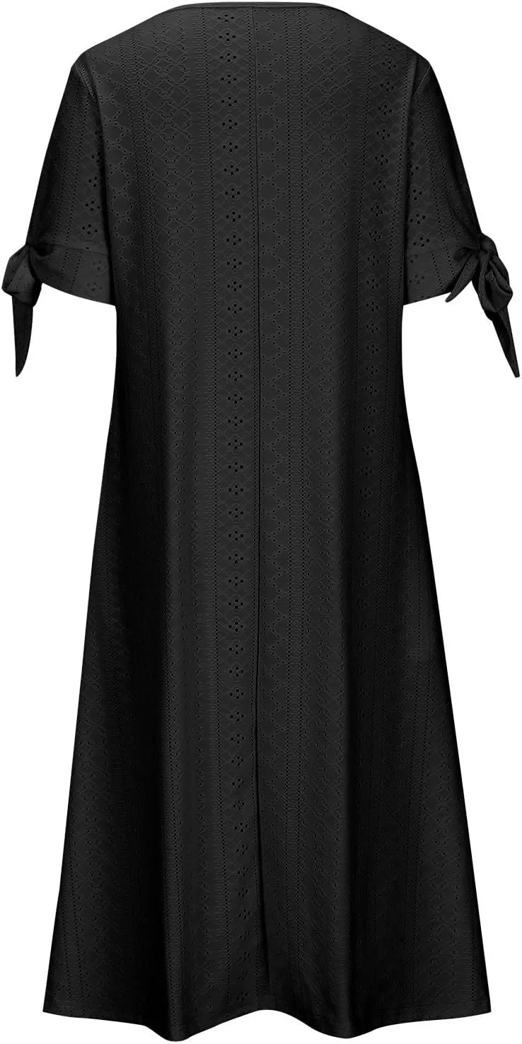 Women Boho Summer Dresses Eyelet V Neck Button Dress Short Sleeve Sundress Beach Vacation Long Dresses with Pockets
