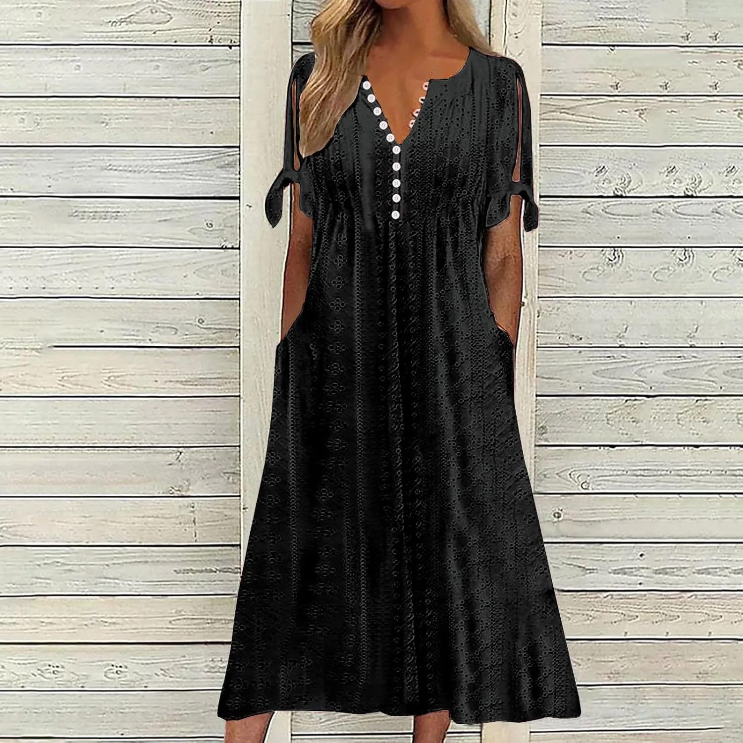 Women Boho Summer Dresses Eyelet V Neck Button Dress Short Sleeve Sundress Beach Vacation Long Dresses with Pockets