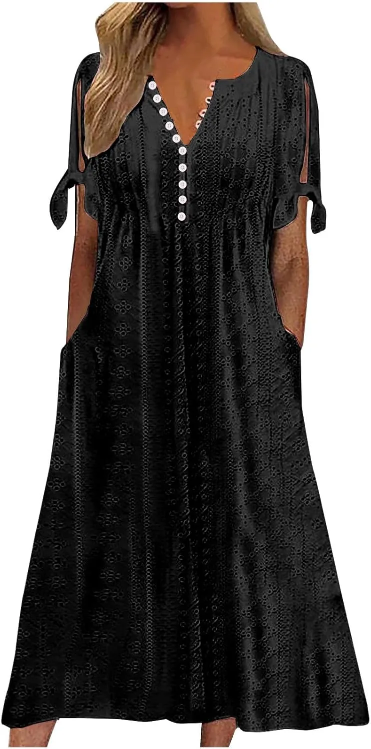Women Boho Summer Dresses Eyelet V Neck Button Dress Short Sleeve Sundress Beach Vacation Long Dresses with Pockets