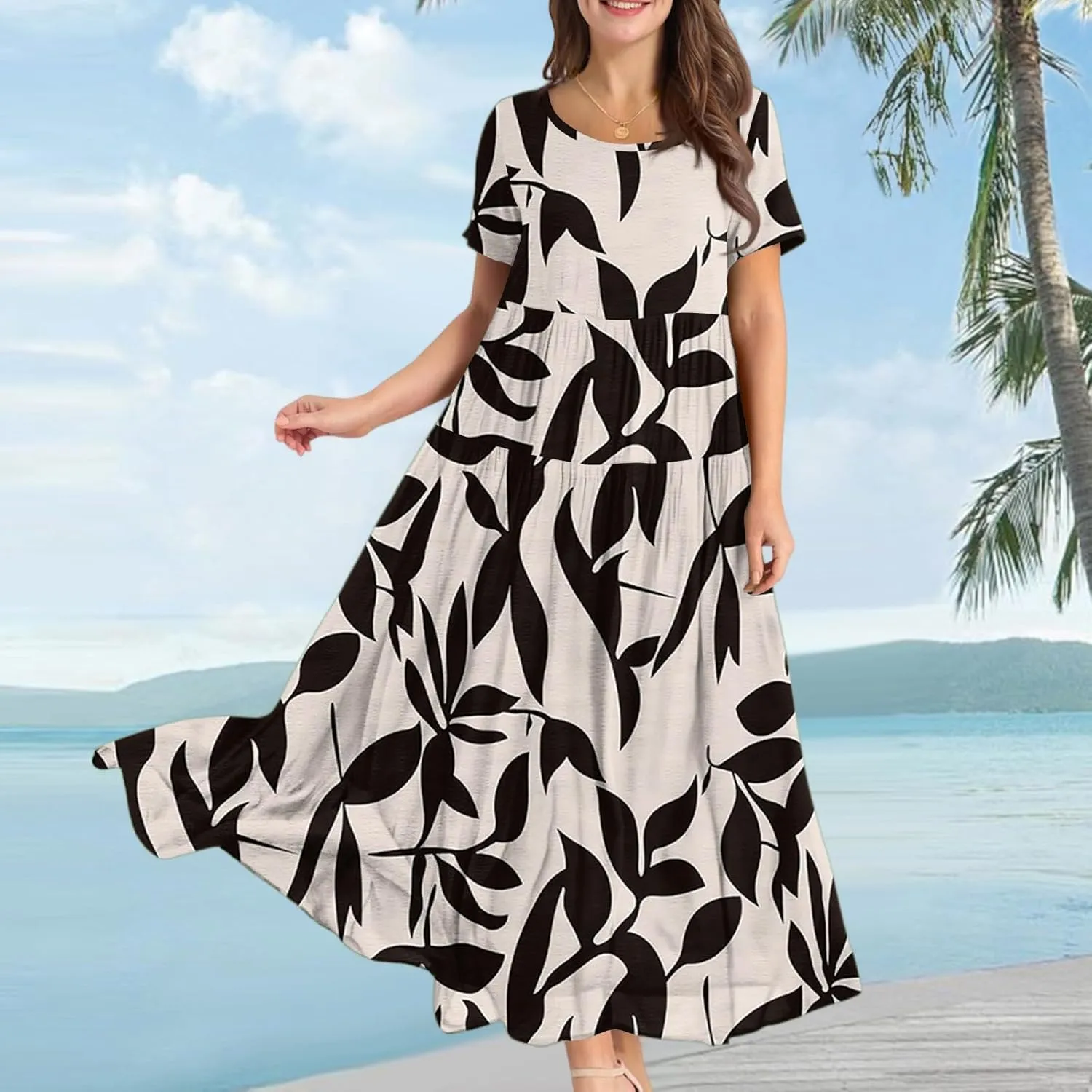 Women Casual Loose Fit Bohemian Floral Dress 2025 Plus Size Short Sleeve Long Maxi Summer Beach Swing Flowy Spring Dresses