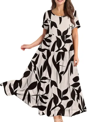 Women Casual Loose Fit Bohemian Floral Dress 2025 Plus Size Short Sleeve Long Maxi Summer Beach Swing Flowy Spring Dresses