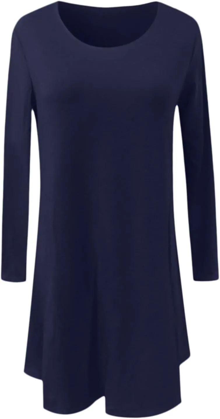 Women Casual Solid Long Sleeve Round Neck Loose Dress Ruffle Mini Dress Midi Summer Dresses for Women