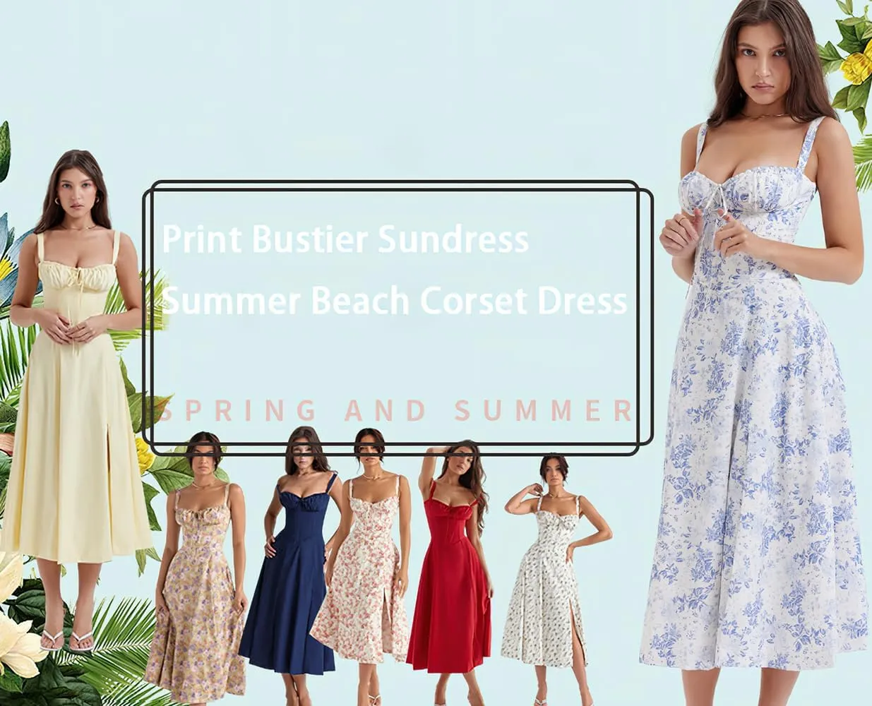 Women Floral Corset Midi Dress, Print Bustier Sundress, Flowy Slit Sundress Summer Beach Corset Dress