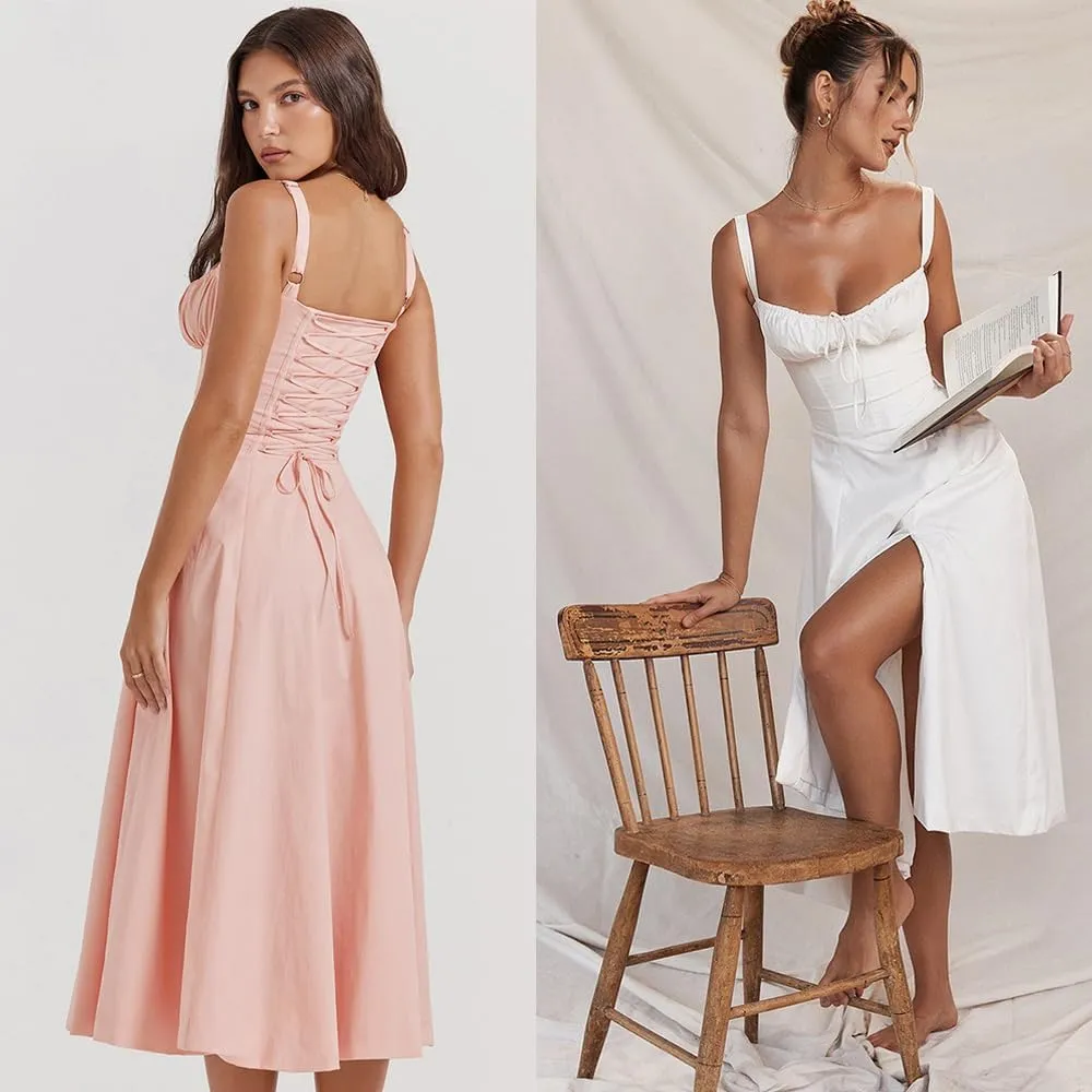 Women Floral Corset Midi Dress, Print Bustier Sundress, Flowy Slit Sundress Summer Beach Corset Dress