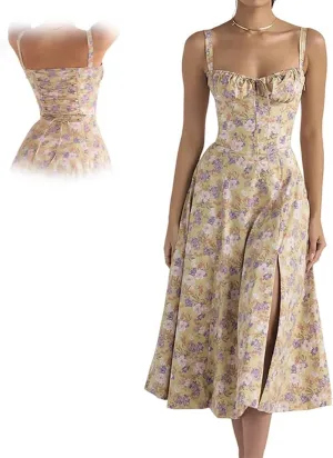 Women Floral Corset Midi Dress, Print Bustier Sundress, Flowy Slit Sundress Summer Beach Corset Dress